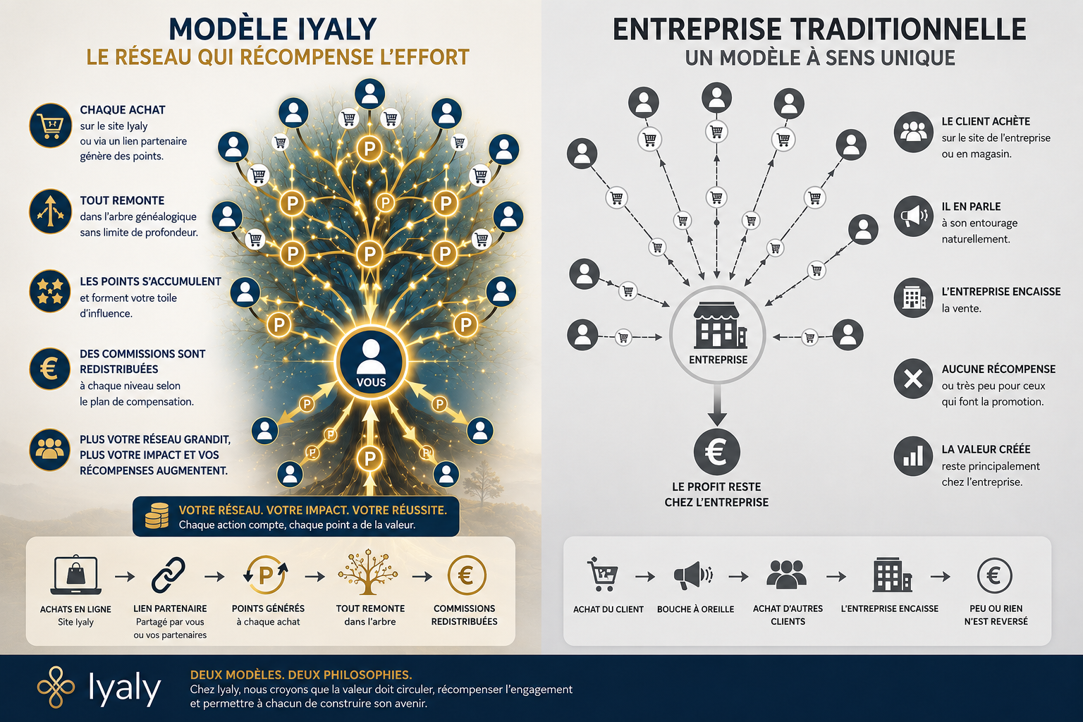 Comparaison entre le modèle Iyaly et une entreprise traditionnelle.